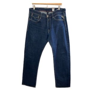 Replay Jeans Men 34 Blue Denim Straight Leg Button Fly R81 Dark Wash Italy Retro